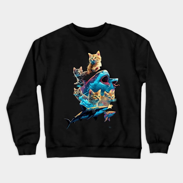 Cat Riding Shark Whiskered Discovery Crewneck Sweatshirt by BilodeauBlue